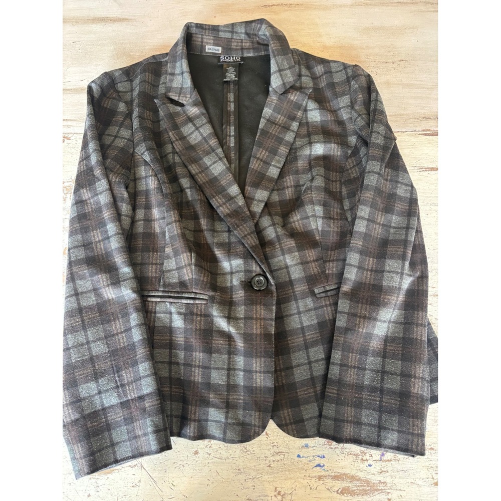 SOHO APPAREL LTD. plaid blazer women Large grey brown single button career